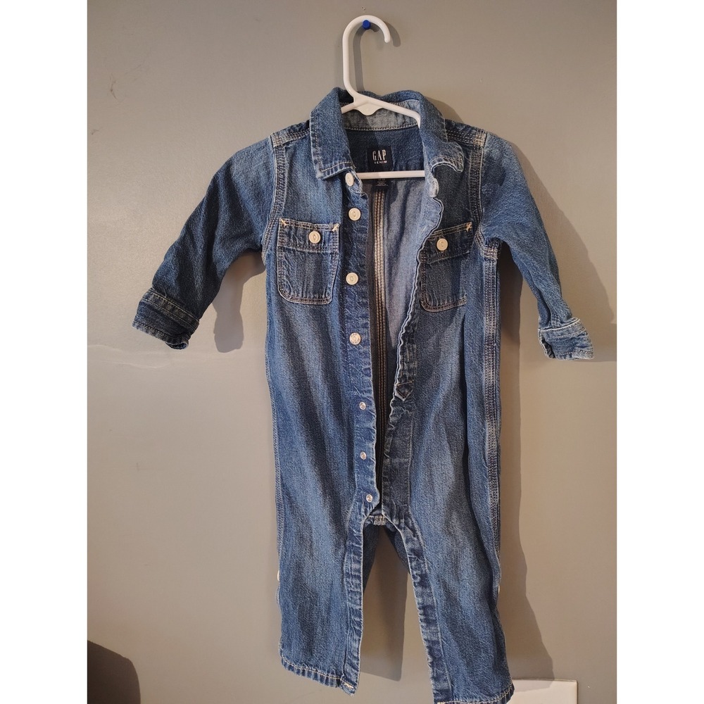 Gap Denim Baby Blue Jean Coverall Jumpsuit 12-18 Months Utility Romper